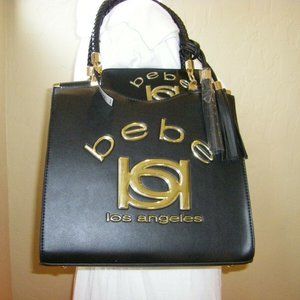 Bebe Kayla Shopper Tote Bag embossed bold gold log
